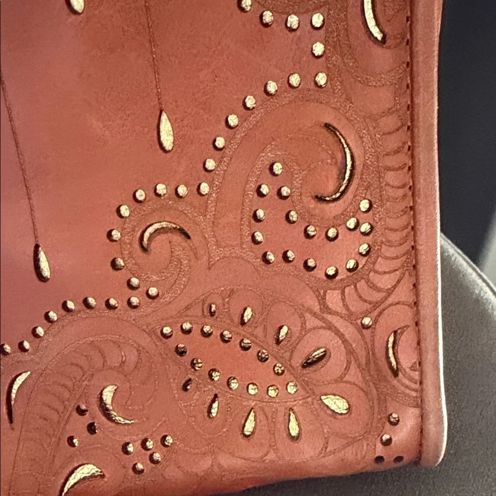 Patricia Nash Paris Leather Large Laser Cut Satchel Gold Boho